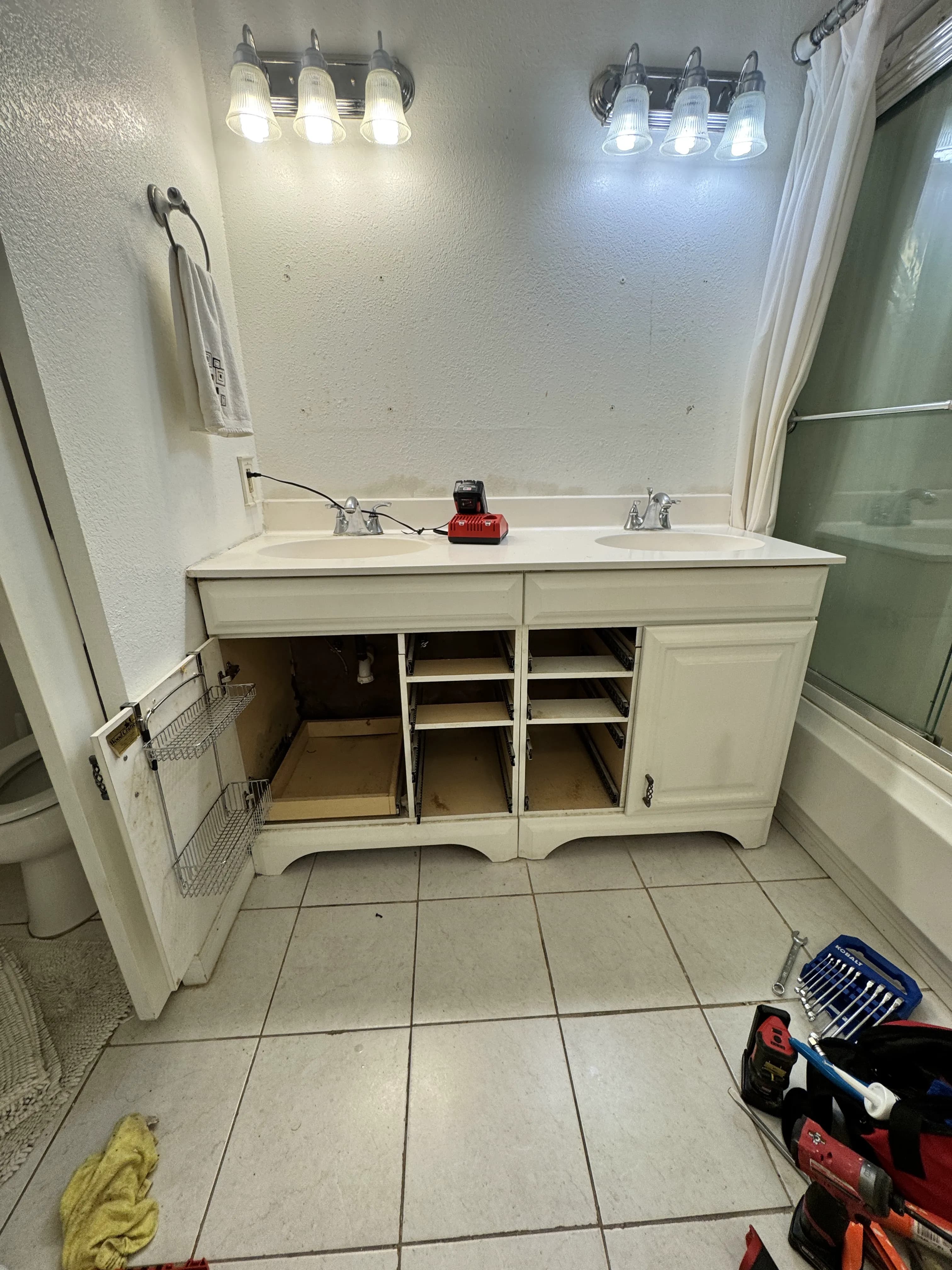 Bathroom vanity area before renovation