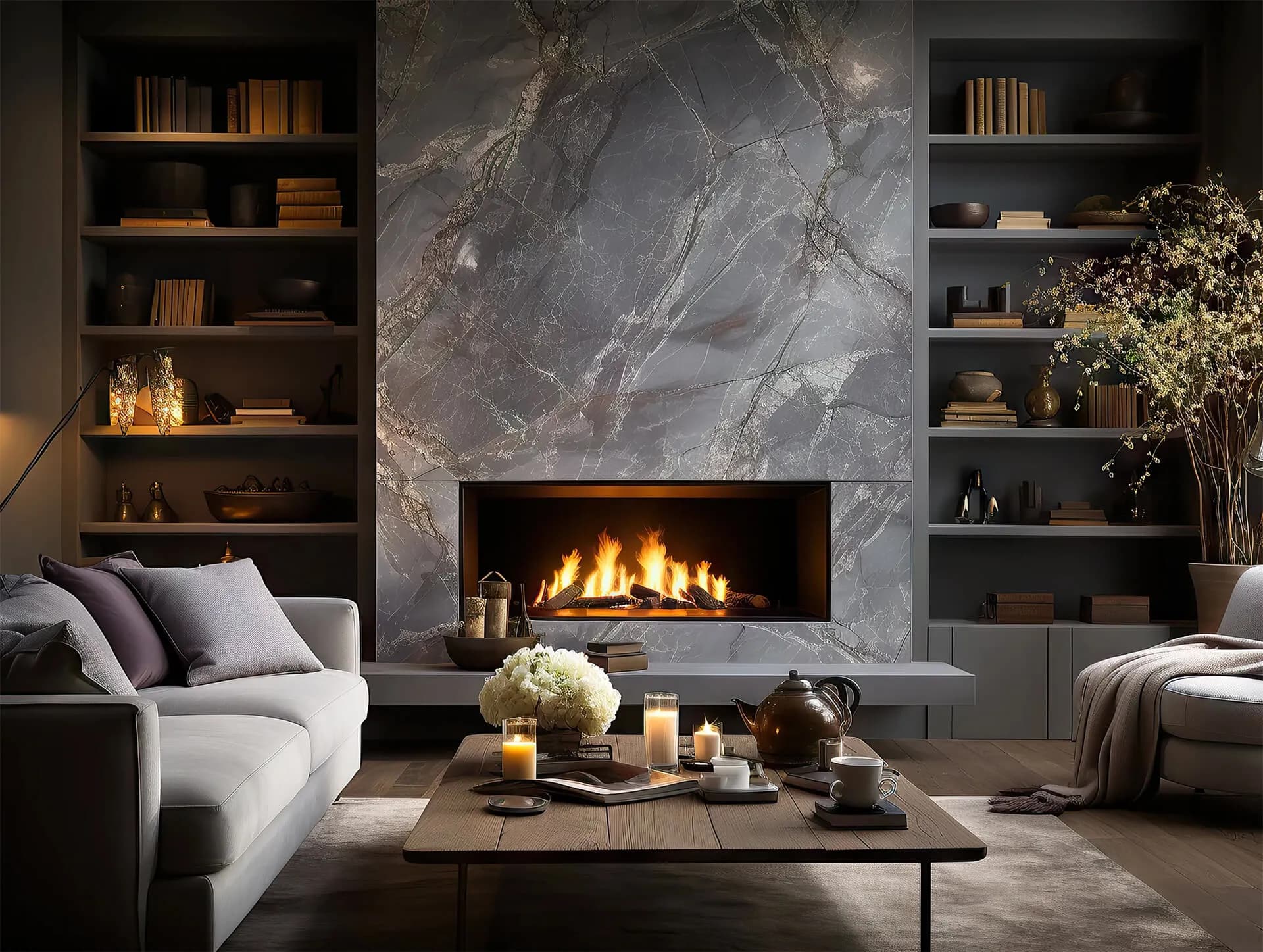 Stone-look fireplace feature wall with dark shelving