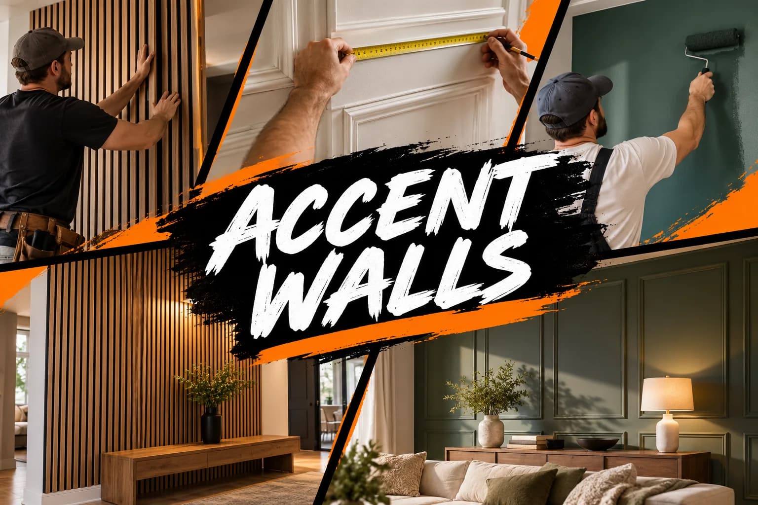 Accent Walls service collage showing tools, installation and finished interiors