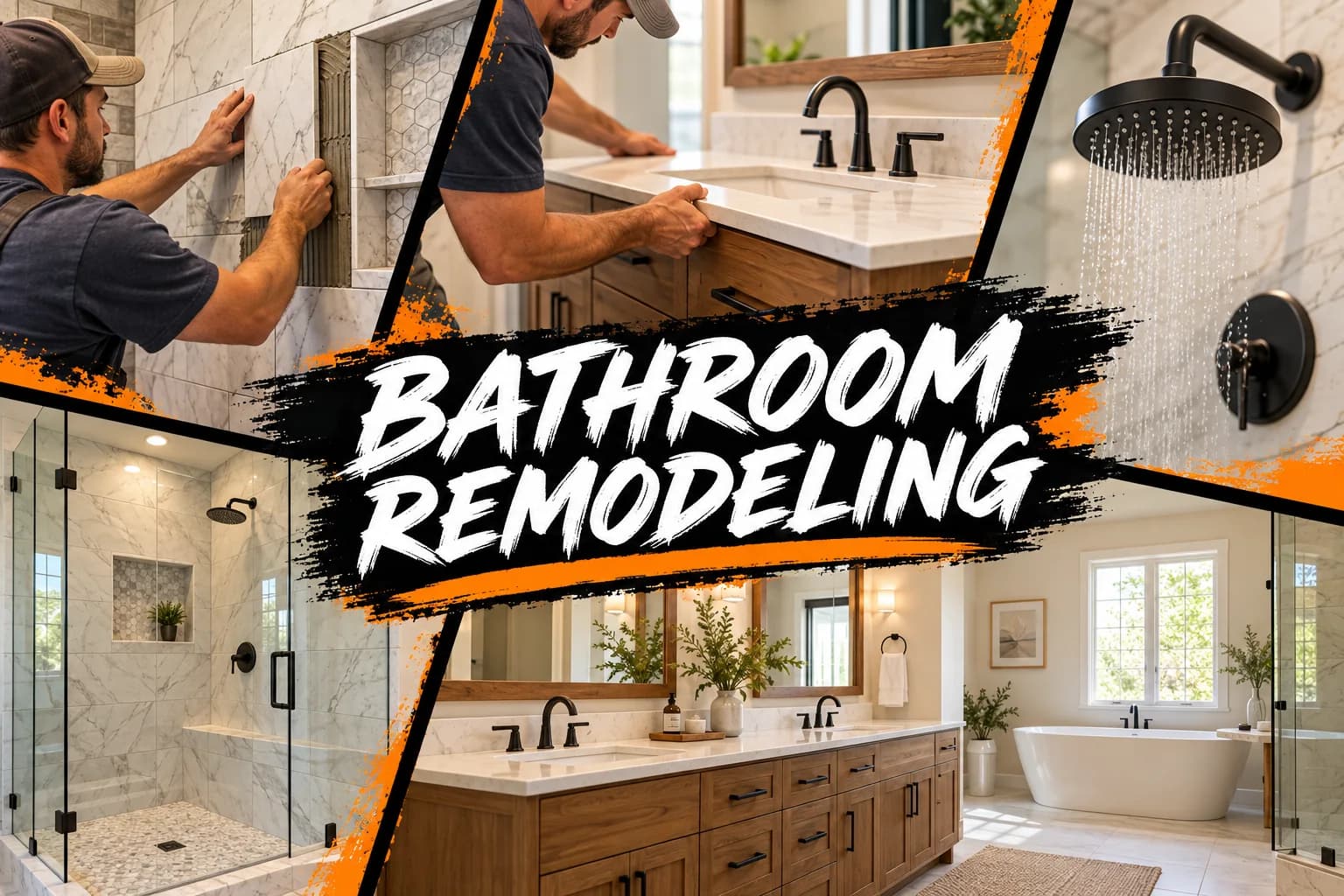Bathroom Remodeling service collage showing tools, installation and finished interiors