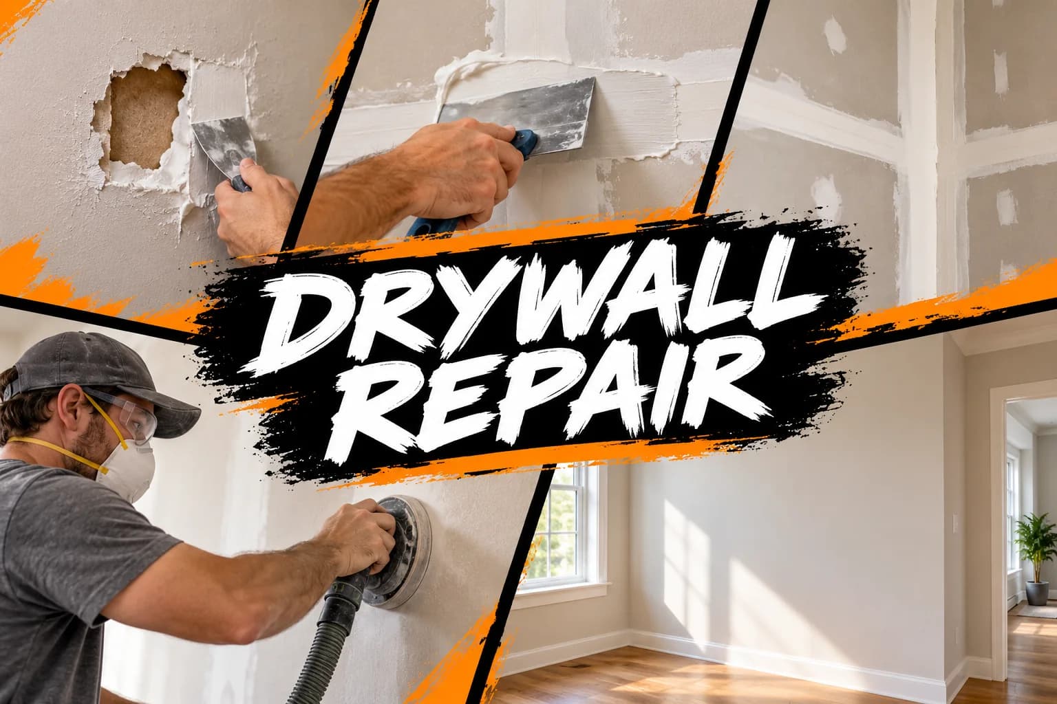 Drywall Repair service collage showing tools, installation and finished interiors
