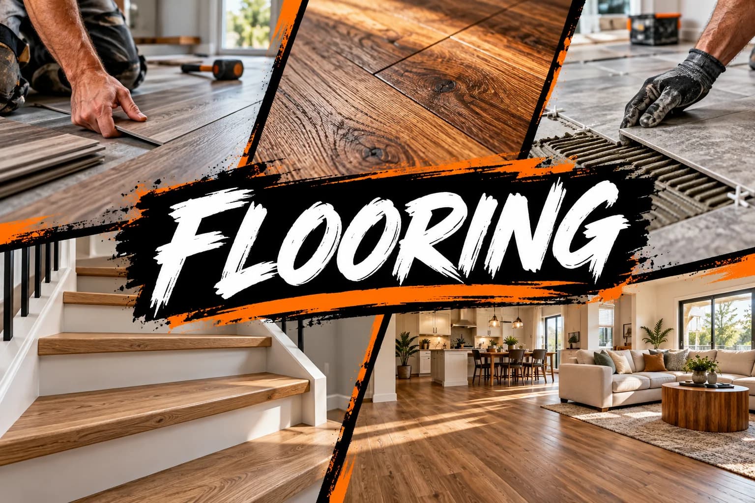 Flooring service collage showing tools, installation and finished interiors