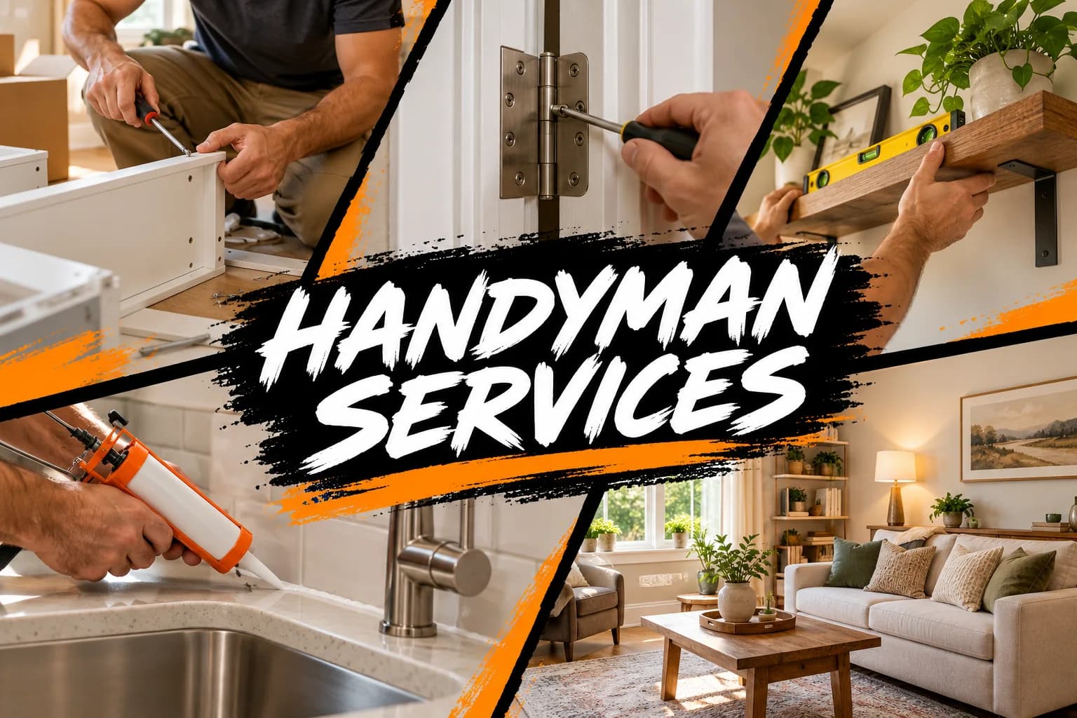 Handyman Services service collage showing tools, installation and finished interiors