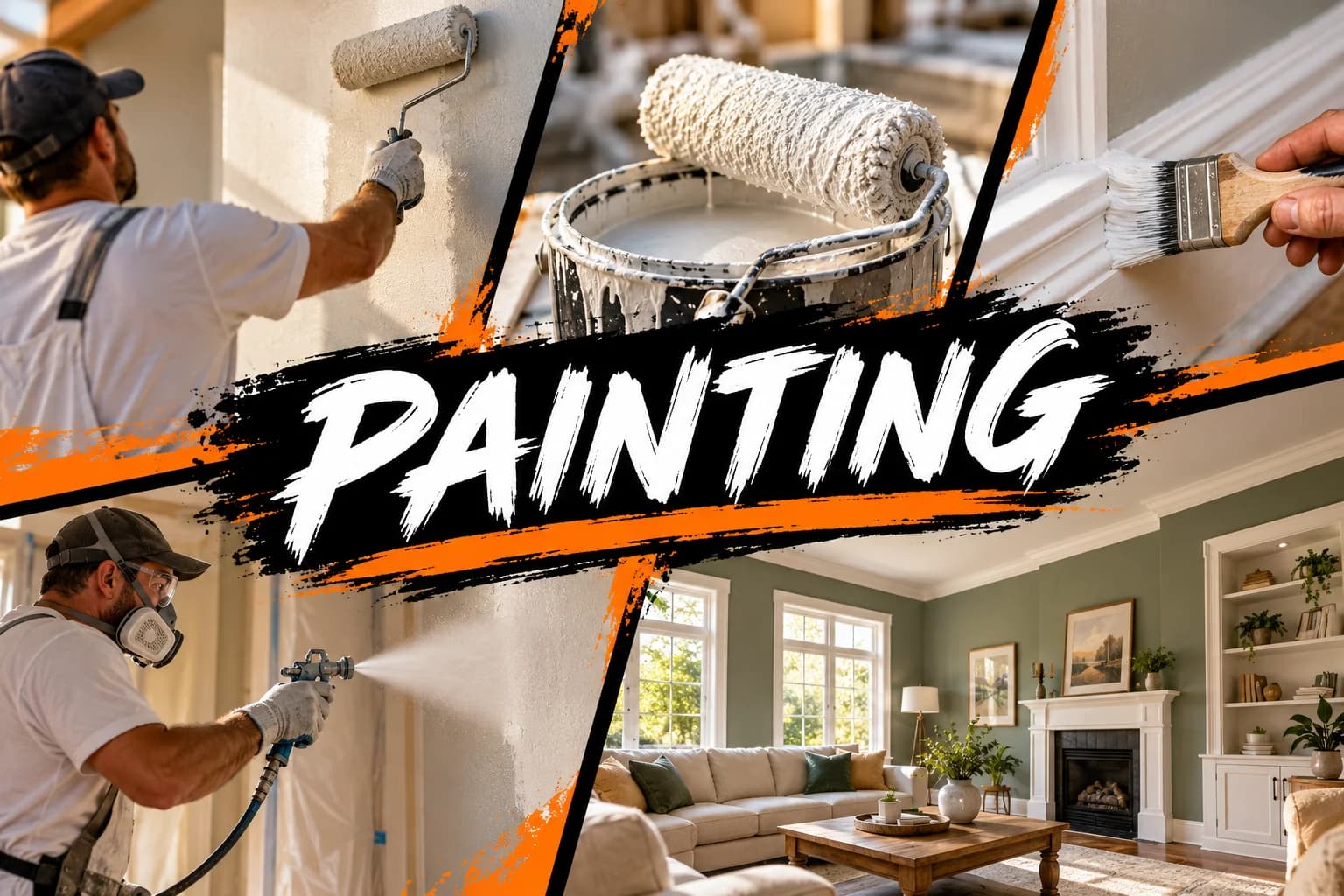 Painting service collage showing tools, installation and finished interiors